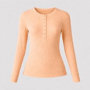 Aerie Womens Peach Waffle Knit Henley Long Sleeve Thermal Top Medium